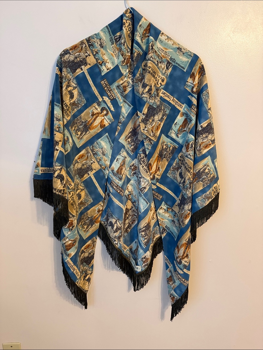 Vintage Double D Ranch Yoakum Western Cowboy Print Fringe Scarf/Shawl/Wrap